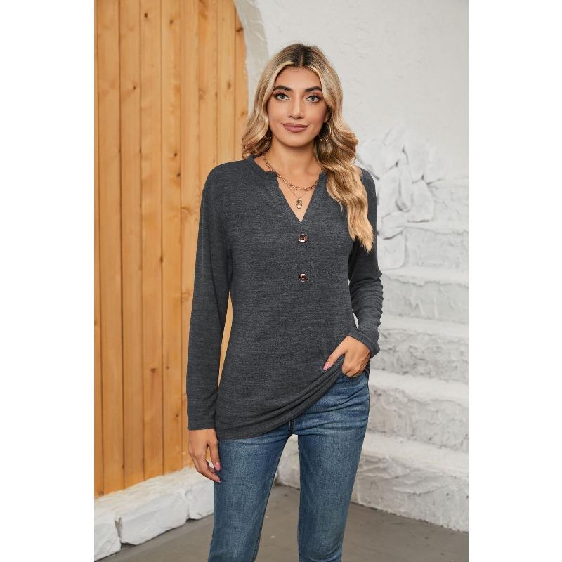 HNXC Bluzki i koszule damskie w swobodnym, jednolitym kolorze, z nadrukiem i długim rękawem, z dekoltem w serek