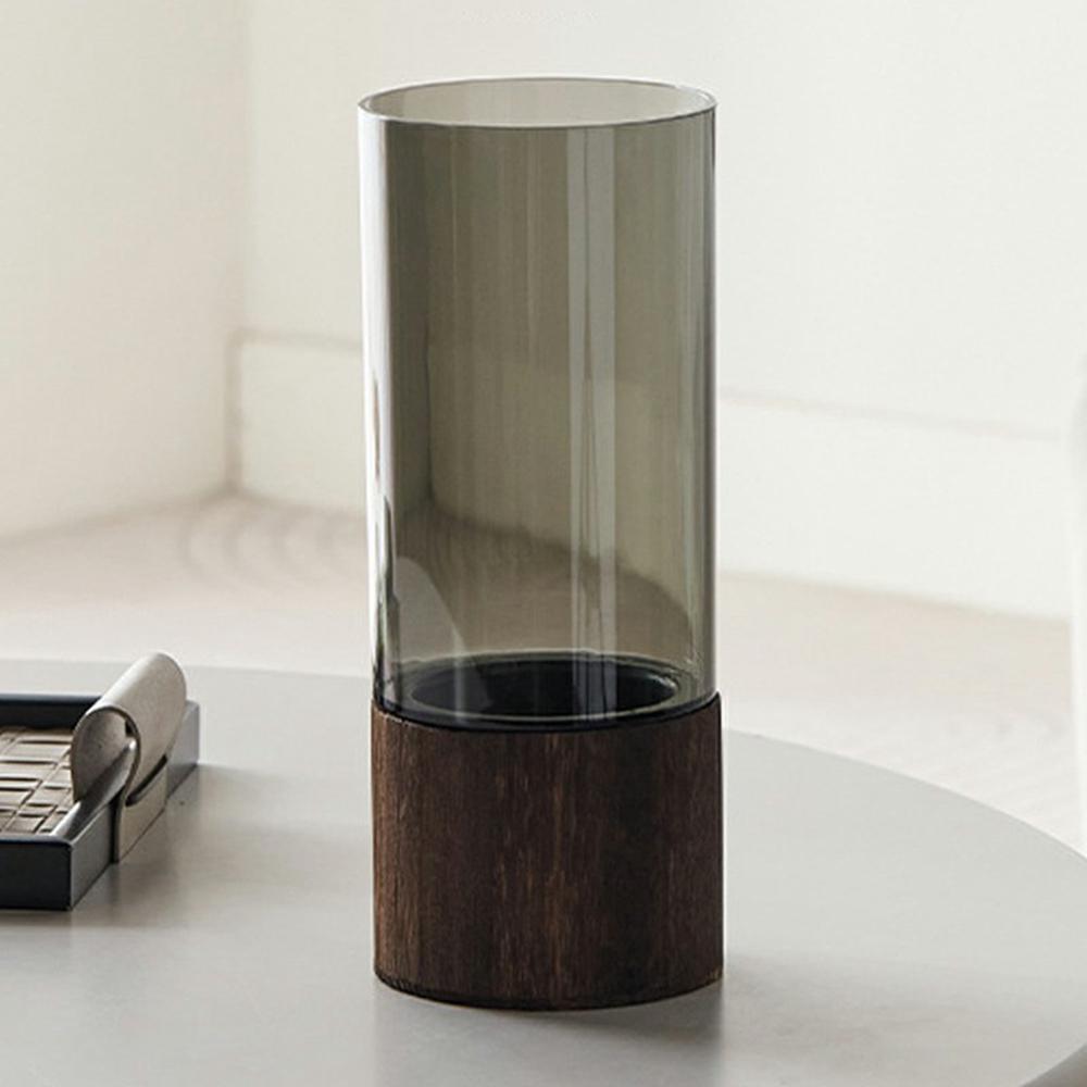 

10x25cm Minimalist Flower Vase with Wooden Base PET Transparent Cylinder Vase Living Room Decoration B