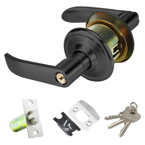 Kenrui Hardware Door Knob, Lever, with Lock, for Toilets, Bedrooms, Entryways, and Bathrooms, 303ET Black