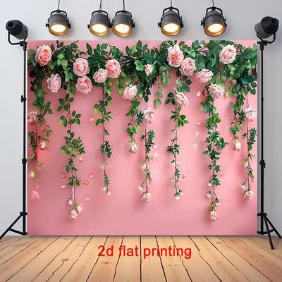2D Draping Pink Rose Greenery Pink Solid Wall Backdrop Bridal Shower Photo Booth Background