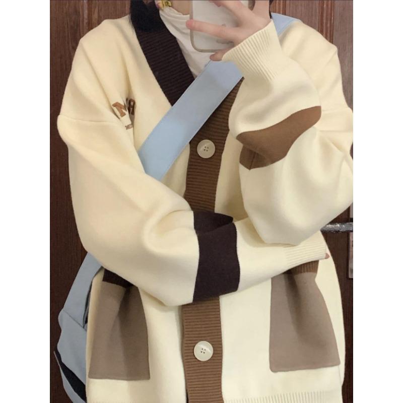 Autumn and Winter Fashion Contrasting Color Letter Embroidered Sweater Women's Cardigan Loose Knitted Sweater Jacket Large Version Women's Clothing