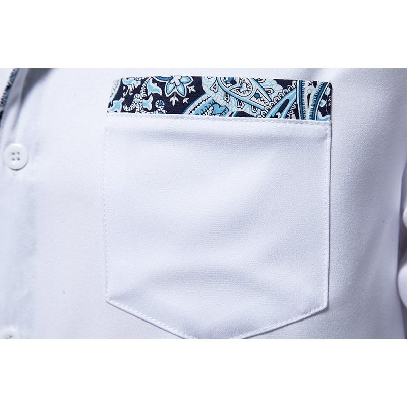 Spring Men's Fashion Triangle Neck Cashew Flower Color Blocked Long Sleeved Shirt for Men Shirts (men’s)