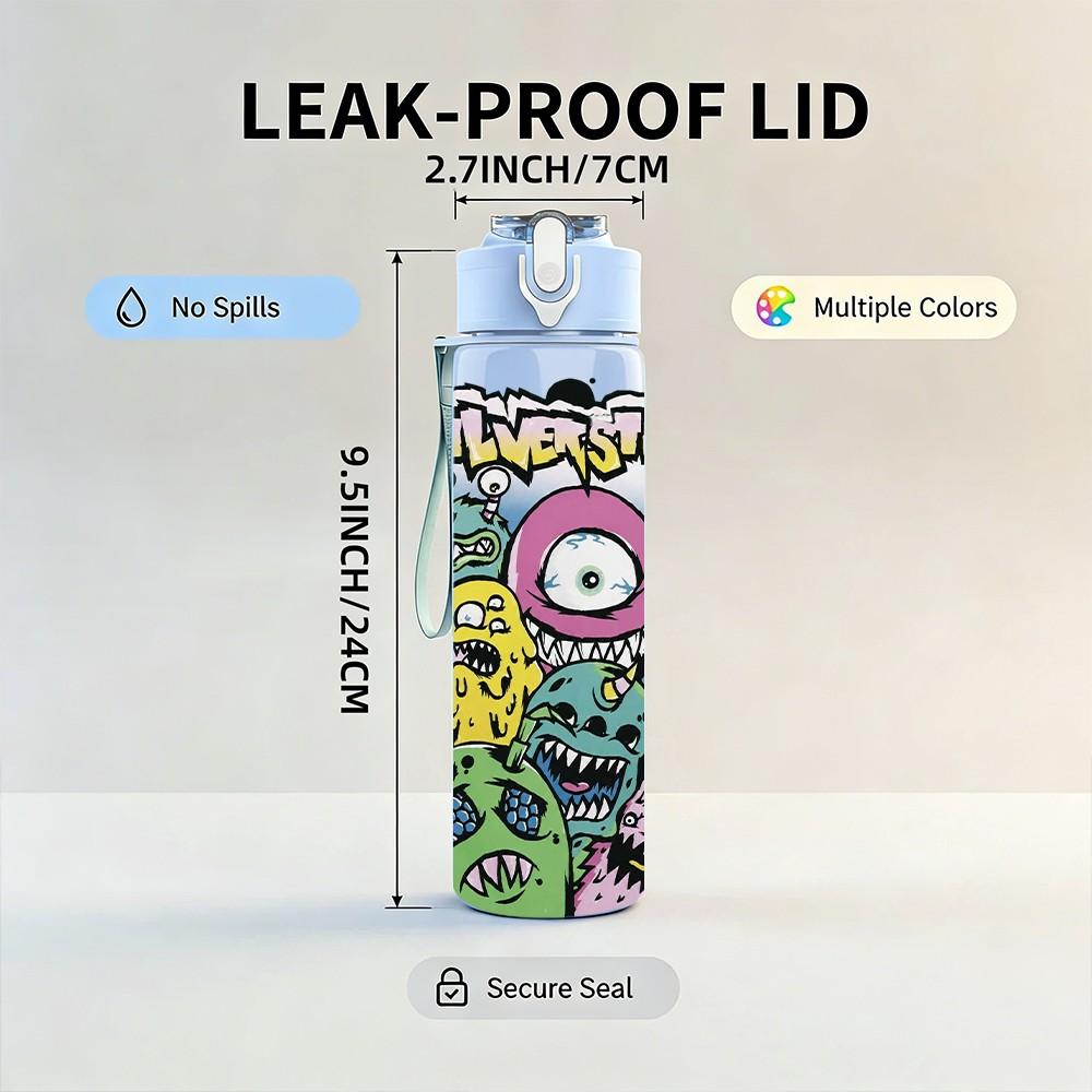 1PC Graffiti Monster Cartoon 750ml sports water bottle leakproof straw lid outdoor office home