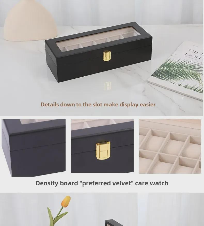 Luxusní dřevěná krabička na hodinky v evropském stylu s průhledným odklápěcím víkem a přezkou, červený 12místný displej