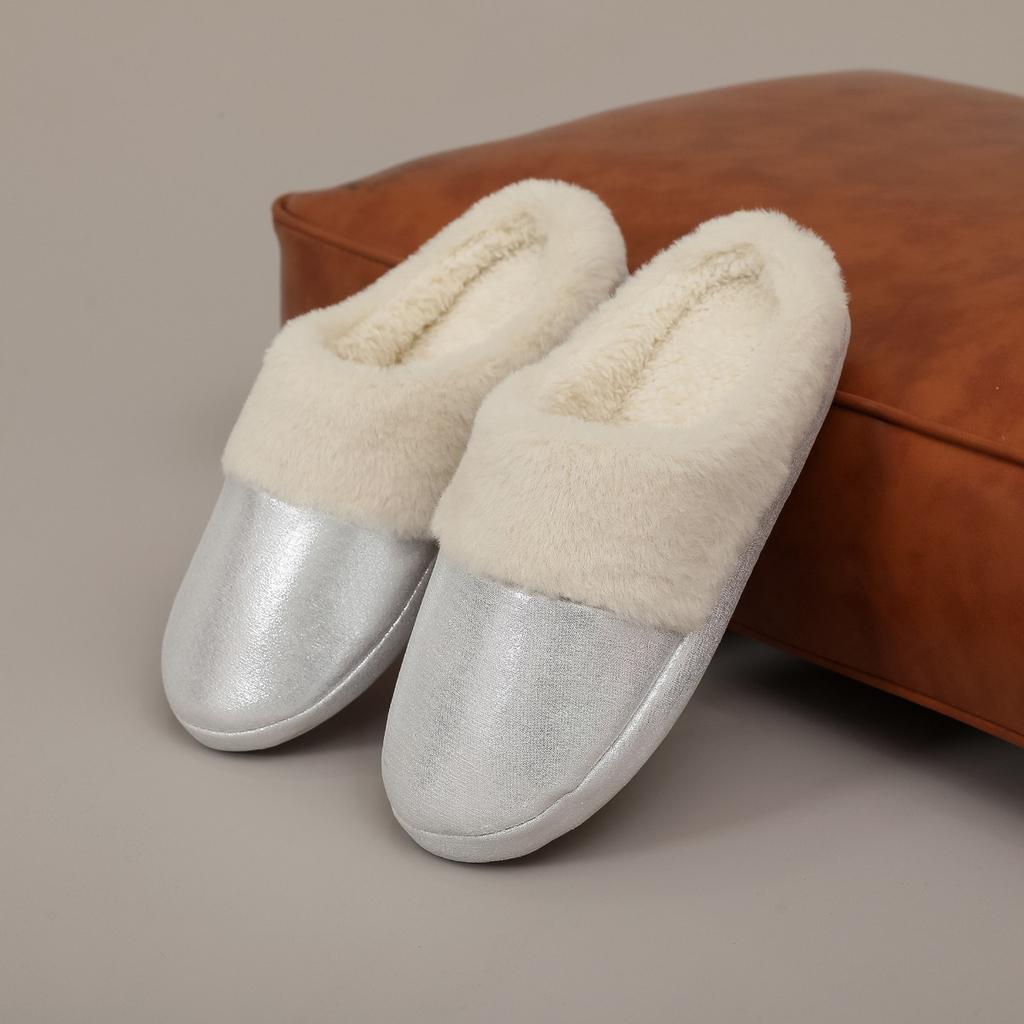 Imitation Fur Shiny Leather Cotton Slippers for Men and Women In Autumn and Winter, Anti Slip, Warm and Thick Fur Confinement Shoes, Bedroom Slippers