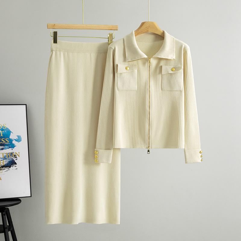 Elegant Zip-Lapel Knit Cardigan & Mid-Length Skirt Set for Women One Size абрикосовый