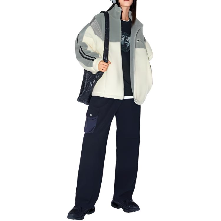 Li Ning Serie Reignite Cardigan Largo Comodo Casual Semplice Cerniera Collo Alto Blocco di Colore Felpa Unisex Felpa Grigio Panna AWDUB41-2