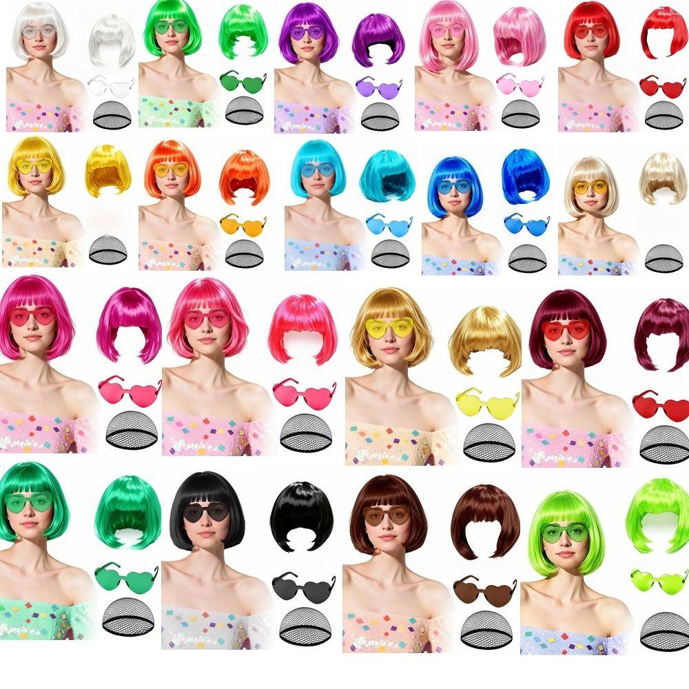 3Pcs Halloween Cosplay Wig Set Colorful Short Bangs Y2K Role-playing Short Hair Wig Halloween