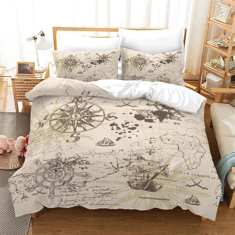 3Pcs Single-Sided Printed Bedding Set ,Comforter Pirate Sailboat Duvet Cover Ocean Bedding Cover Pillows Comfortable Bedspreads
