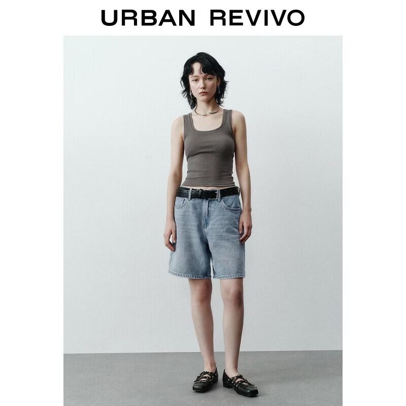 UR2026 Women s Double-Layer Belt Washed Denim Shorts 27 синий