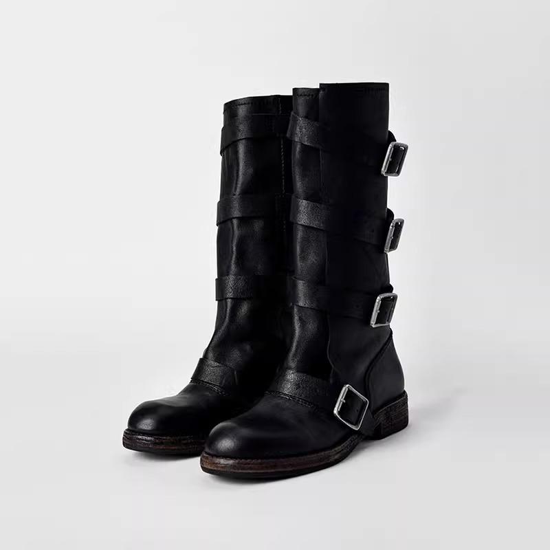 

Женские высокие ботинки ручной работы с пряжкой для подиума, новые модные ботинки-рыцари на толстой подошве и толстом каблуке для женщин 42 чёрный