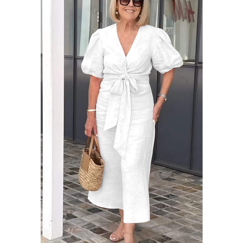 VEZFAA Women's Fashion Summer Spring Solid Color Print Short Sleeve V-Neck High Waist Casual Dresses