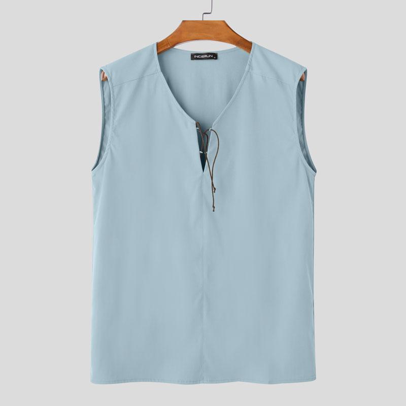 

INCERUN Summer Men Lace-up Neck Sleeveless Solid Color Casual Tank Tops 5XL синій