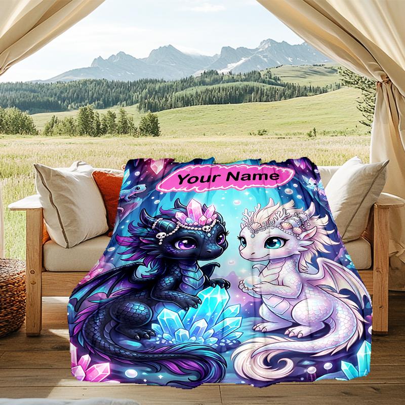 1PC Custom Name Fantasy Dragon Friends flannel blanket versatile,all-season throw suitable for the living room,bedroom,camping,travel,and gift