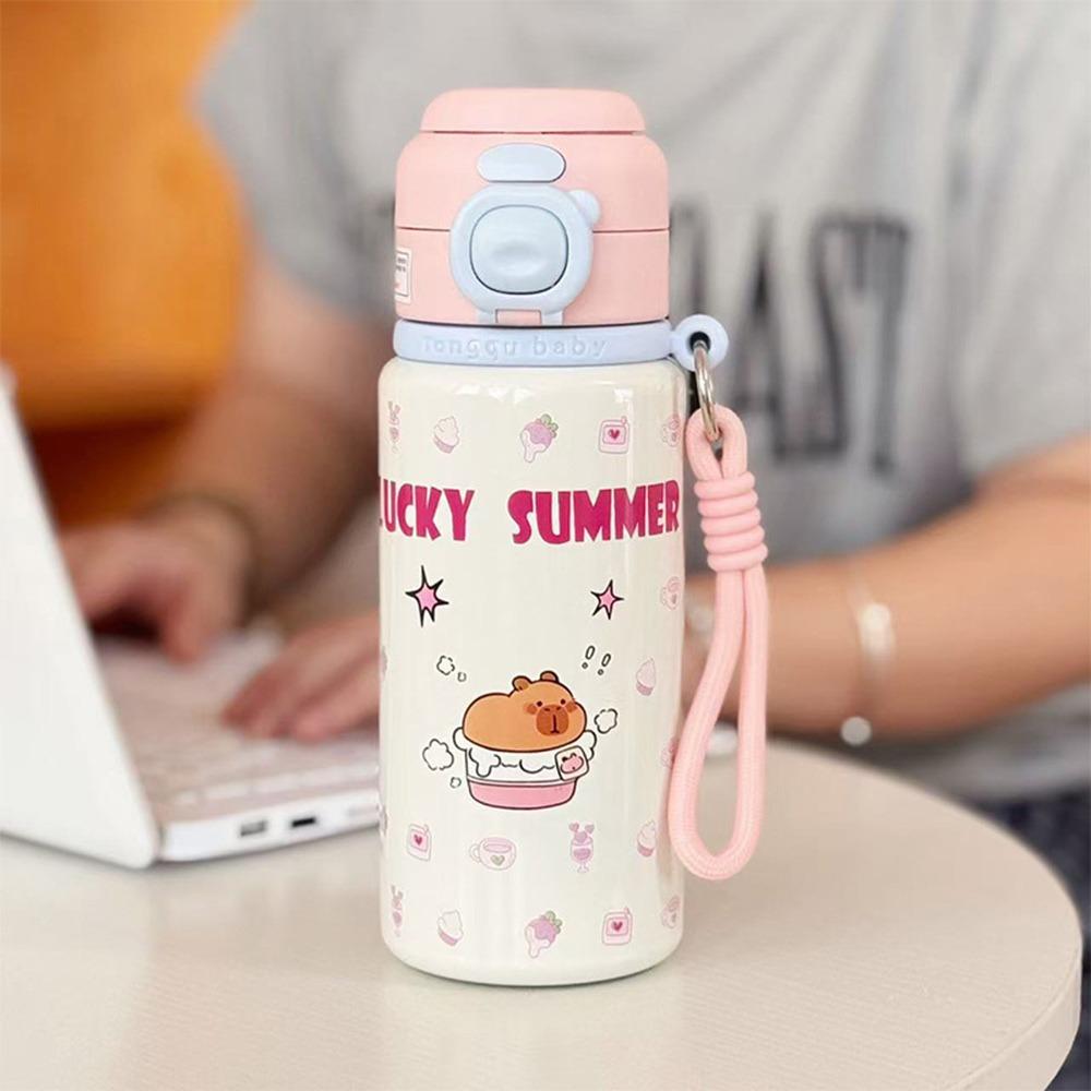 Fashion Stainless Steel Insulated Cup Cartoon Dustproof Student Drinking Cup 500ml with Lanyard Water Cup for Women Girls