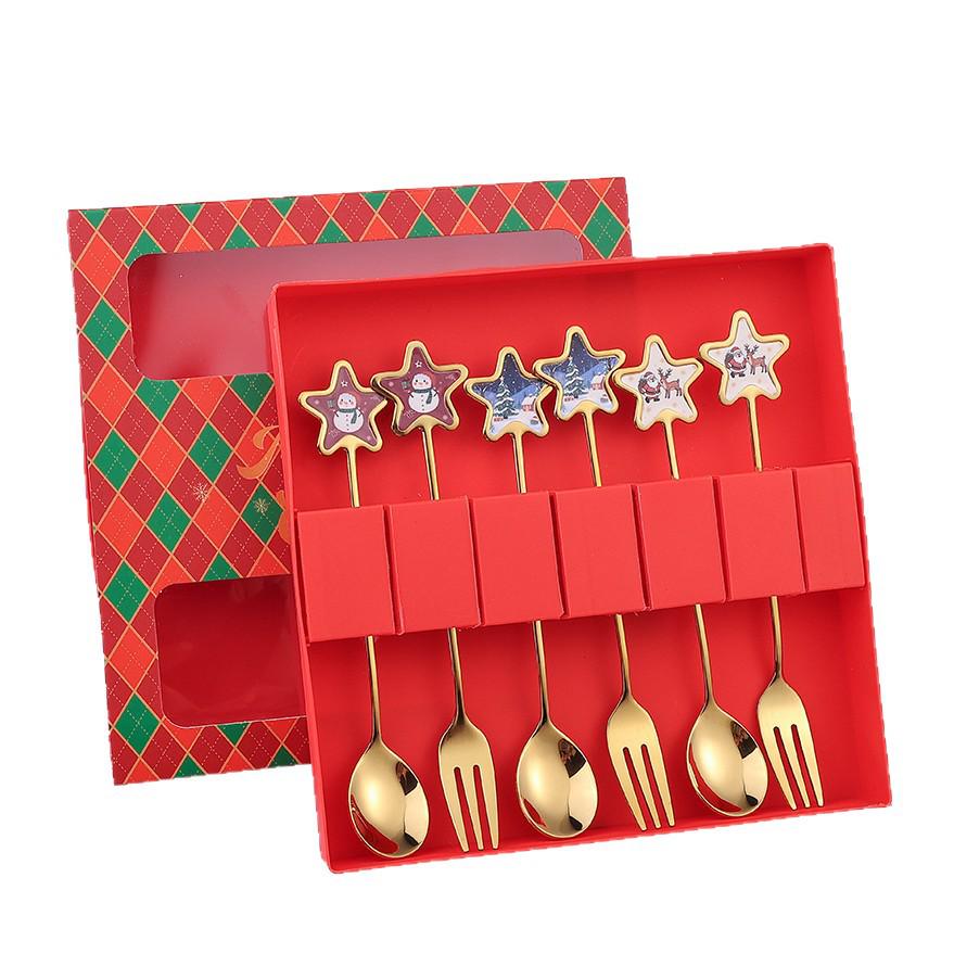 Christmas Eve Dessert & Fruit Fork Set: Gold Star & Tree Design