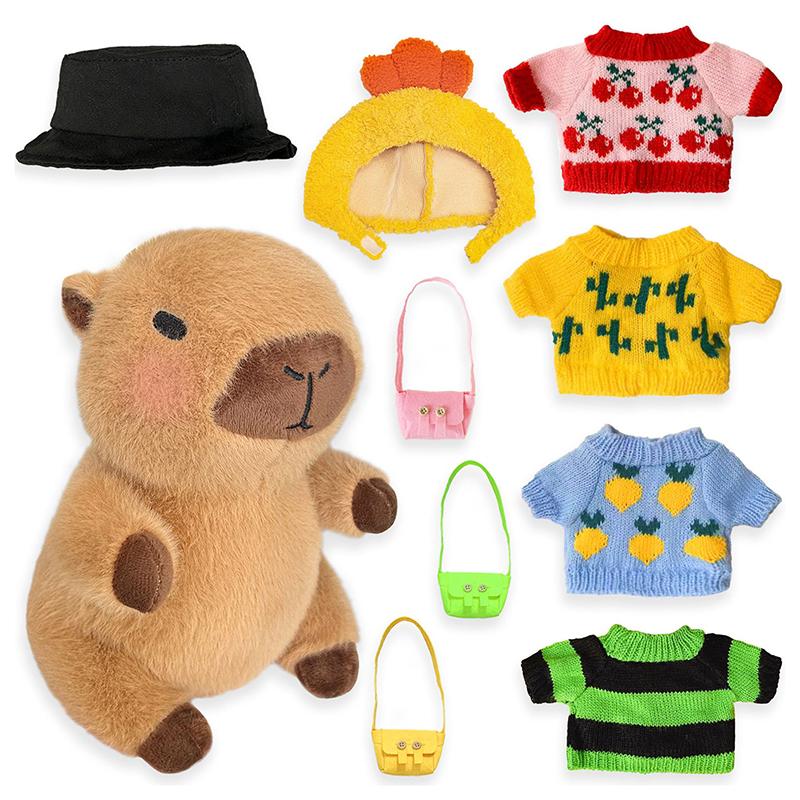8-10Pcs Capybara Plush Doll With Clothes & Accessories Cute Stuffed Animal Dress Up Doll Toys Set