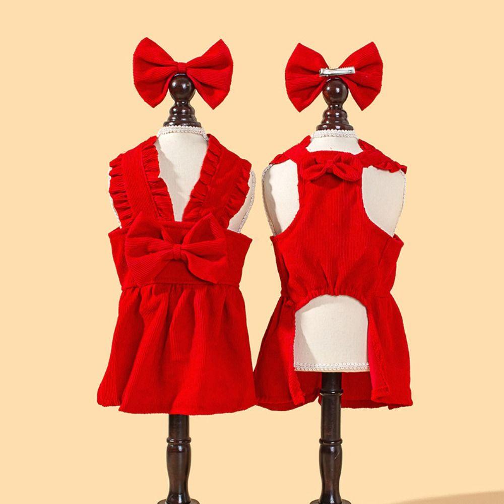 Pleated Bow Dog Skirt New Year Christmas Cat Princess Dress Pet Costume  Photograph Prop