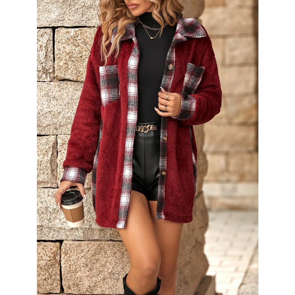 2025 Winter Women's Plaid Fleece Coat Mid-Length Single Breasted Lapel Warm Outerwear for Europe America