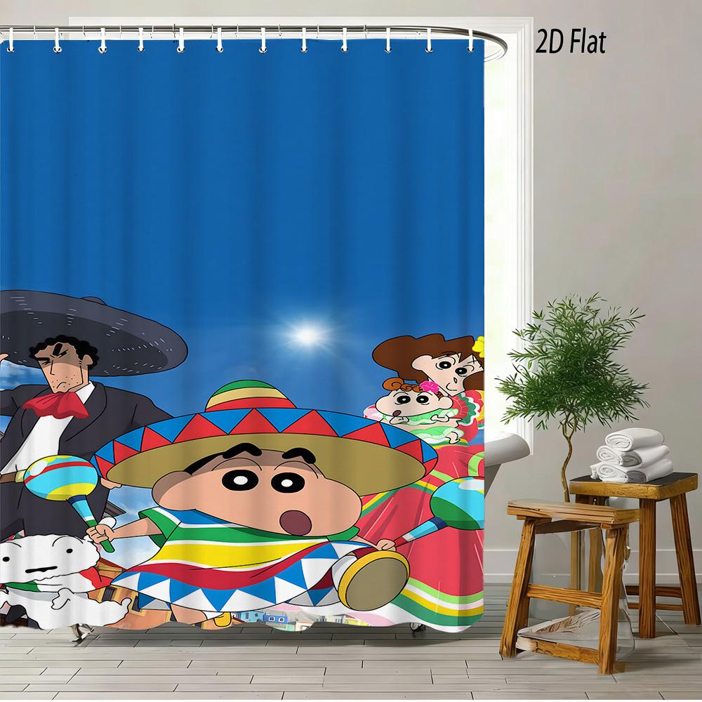 Crayon Shin-Chan Ufo & Shiro 2D Print Waterproof Shower Curtain, Green Anime Bathroom Decor With Hooks