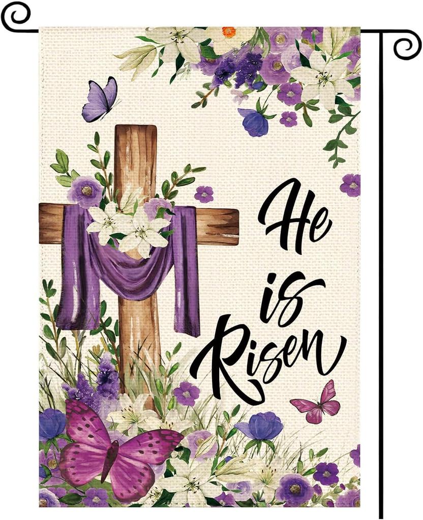 He is Risen Spring Garden ag 12 x 18 Inch Double Sided Purple Burlap oral Cross Buttery Holiday Yard Outdoor Decorativ