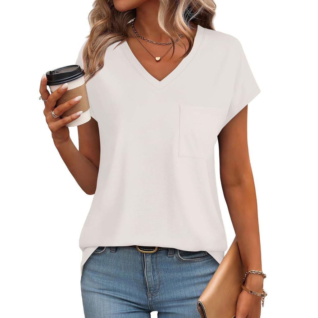 Women's Fashion Casual Slim Fit Waist Cap Sleeve V Neck T-Shirt Top