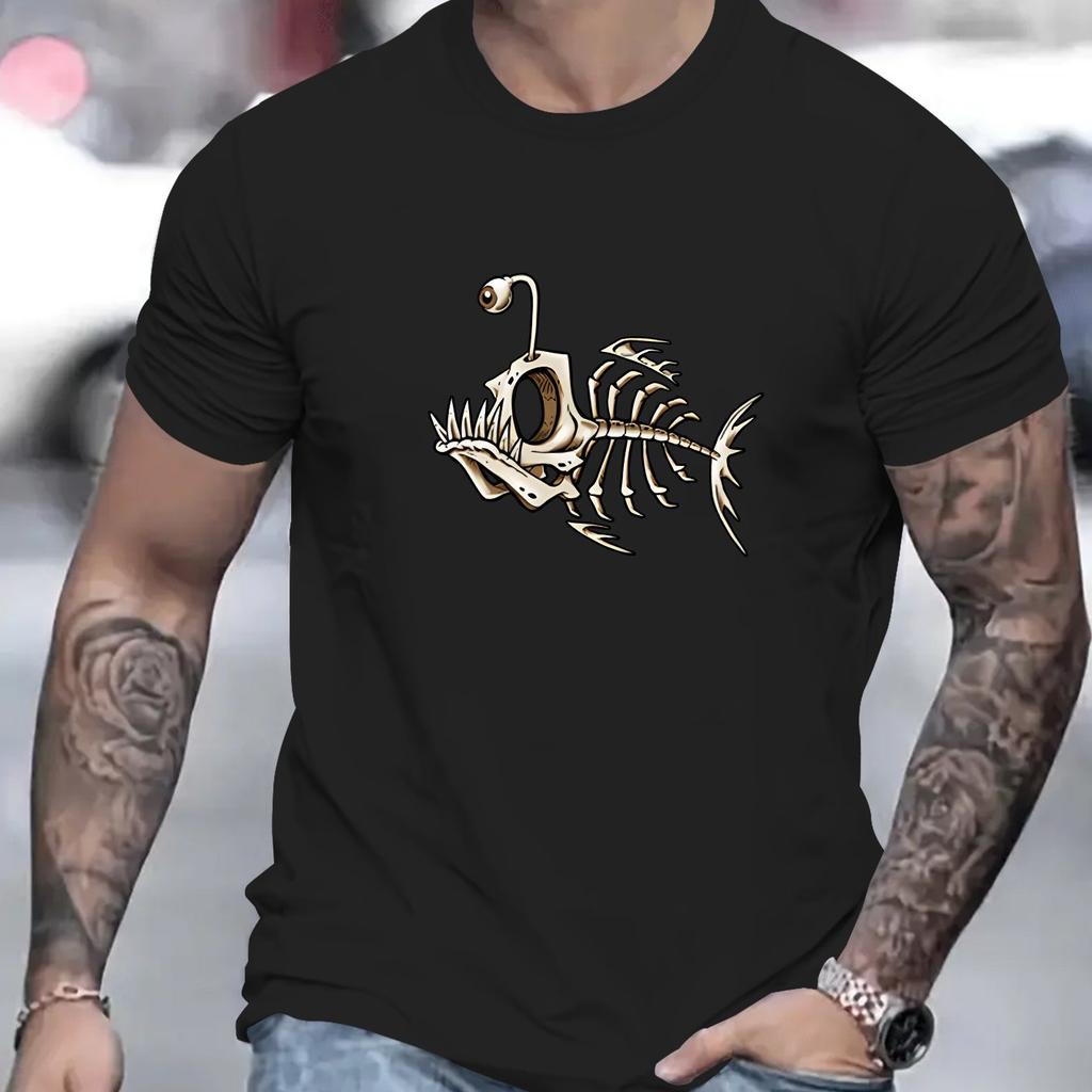 Unisex Stylish Black TShirt with Golden Fish Skeleton Design Casual Crew Neck Short Sleeve Summer Fashion Top Comfortable Fit