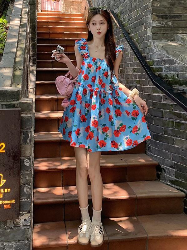 Japanese Vacation Fungus Edge Floral Suspender Dress Women Loose and Thin Tube Top Doll Skirt Beach Skirt