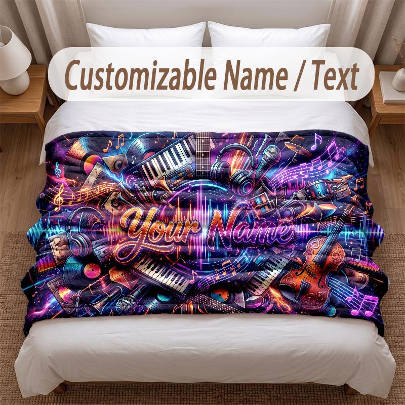 Music General Theme Soft Blanket Personalized Custom Name Text Print Warm Blanket Home Sofa Bedroom Decor