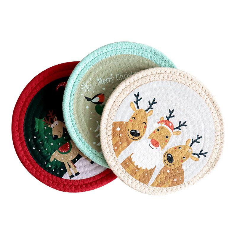Christmas Cotton Rope Round Coasters Heat Insulation Non-Slip Durable Printed Coaster Home and Decoration Kitchen Utensils