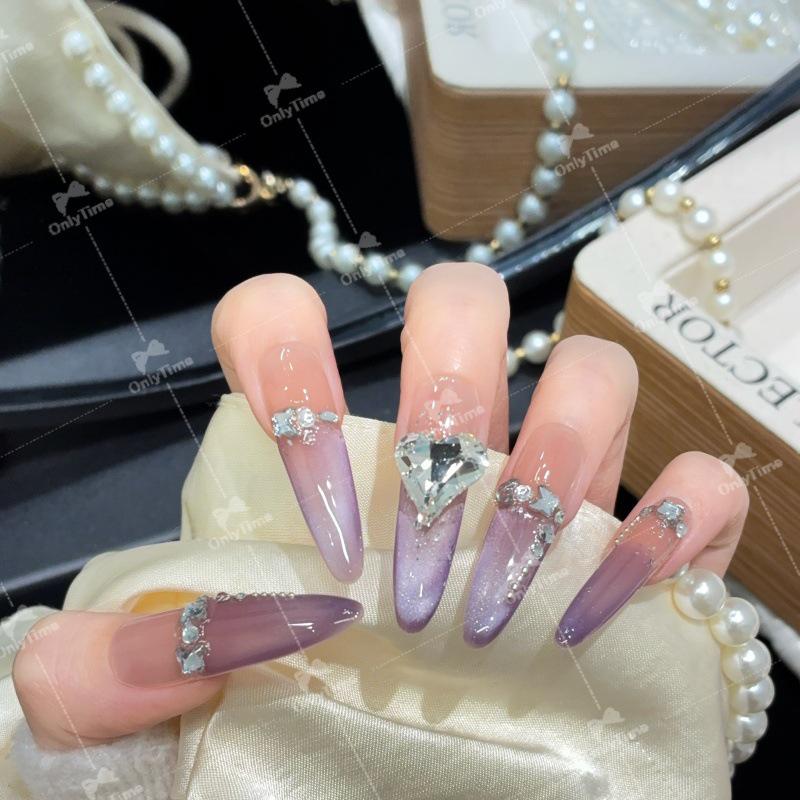 K2006 Purple French Cat Eye Elegant Handmade Nails