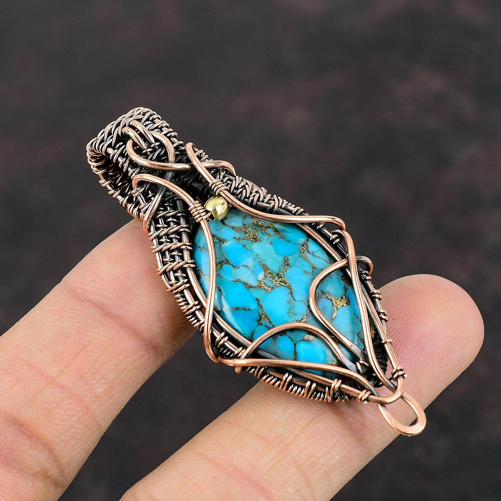 Copper Blue Turquoise Pendant Copper Wire Wrapped Gemstone Pendant Very Pretty Copper Jewelry Handmade Pendant Turquoise Jewelry For Gift