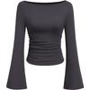 2025 Autumn Women's Solid Color Boat Neck Bell Sleeve Slim Fit Ruched Long Sleeve Top