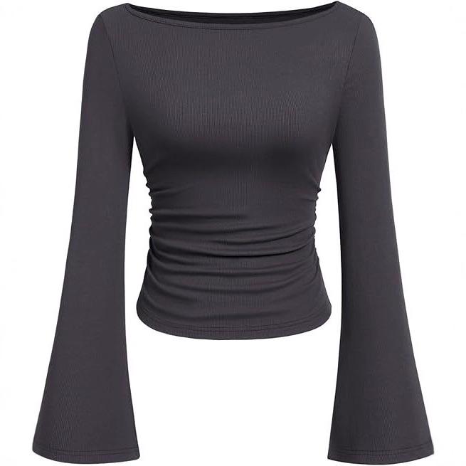 2025 Autumn Women's Solid Color Boat Neck Bell Sleeve Slim Fit Ruched Long Sleeve Top