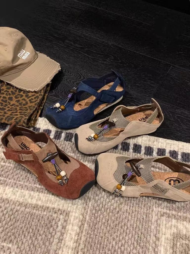 Blue Cabinet Women's Shoes Ethnic Style Wooden Tone Moral Training 2025 Sandals 3cm Niche Mary Jane Square Head Casual Shoes