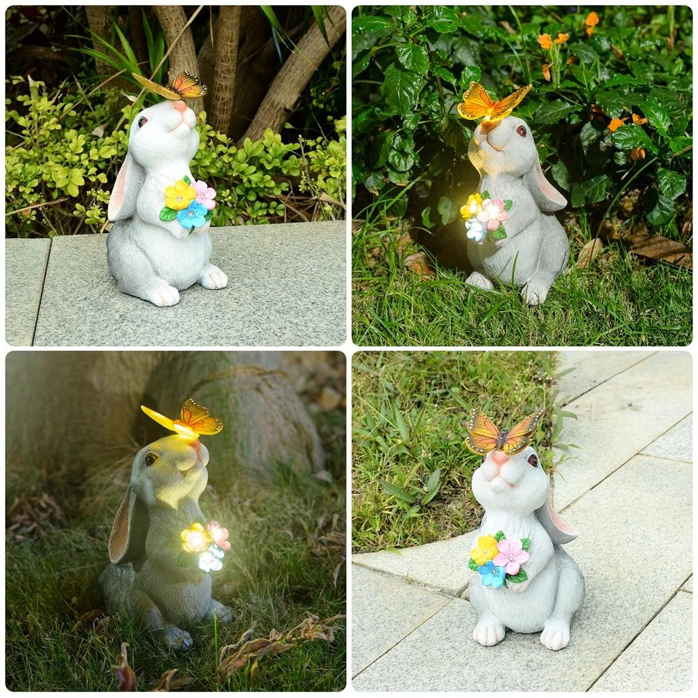 Solar Bunny Cat Statue Garden Decor LED Light Resin Animal Sculpture Figurine Outdoor Decoration for Courtyard
