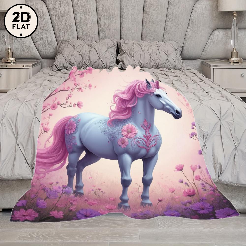 1pc Soft & Cozy Flannel Blanket - Dreamy Unicorn Floral Fantasy Design with Pink & Purple Flowers, Light Blue Unicorn & Pastel F