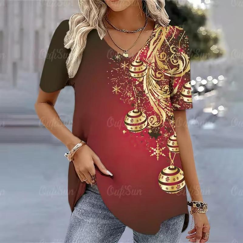 Weihnachtsthema 3D-Druck Damen T-Shirts Kurzarm Tees Fröhlich Lustig Mode Damenbekleidung V-Ausschnitt Übergroße Pullover T-Shirts