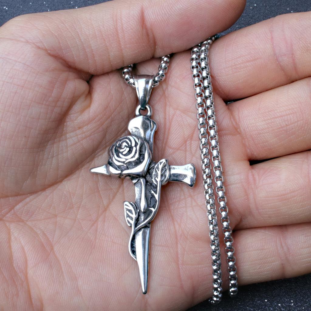 Homemade Guochao Hip-Hop Retro Rose Titanium Steel Necklace Men'S Personality Accessories Pendant Tide Brand Pendant