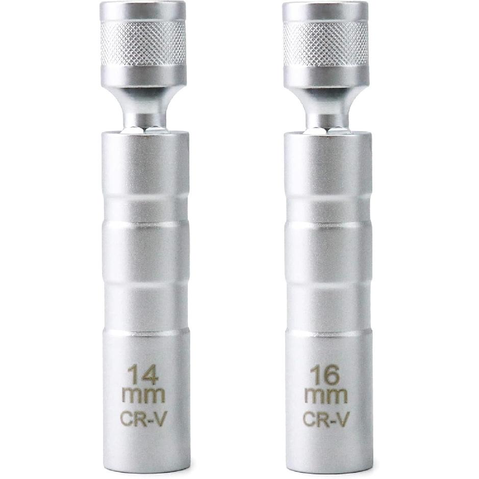 QWORK 14Mm&16Mm Magnetic Swivel Spark Plug Socket, Thin Wall Magnetic Rotating 3/8" Drive 12 Point Standard Spark Plug Socket Removal Tool 360-Degree