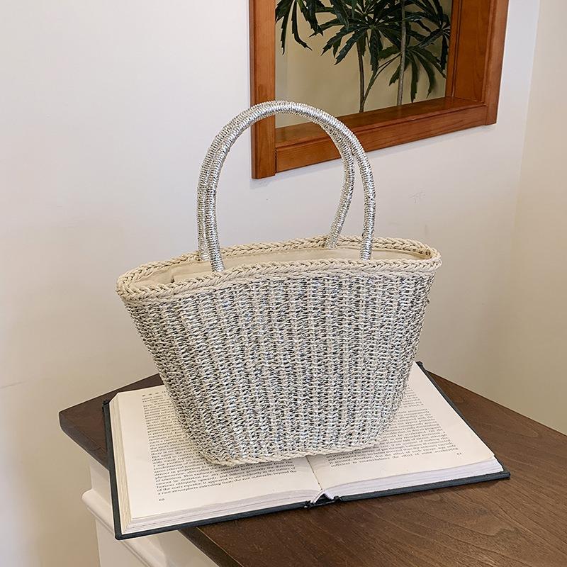 

Плетеная сумка женская новая популярная сумка на плечо пляжный отдых овощная корзина сумка-тоут сумка-ведро серебряный