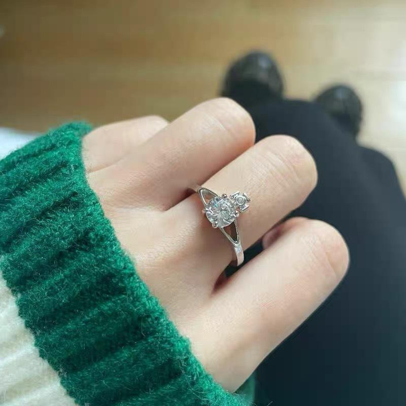 Vivienne Westwood Style Four-Prong Planet Ring, CZ Saturn Ring for Women, Minimalist Fashion Jewelry, Silver
