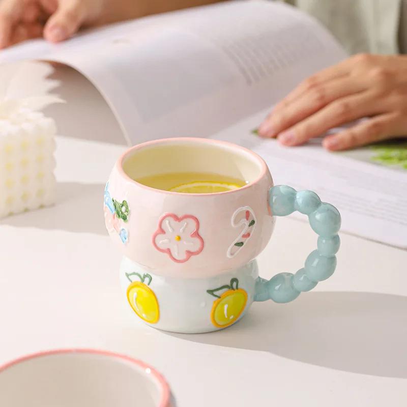 Cute and Creative Home Cup Decoration Hand-painted Relief Ceramic Breakfast Cup Large Capacity Oat Bowl Mug Cartoon Water Cup