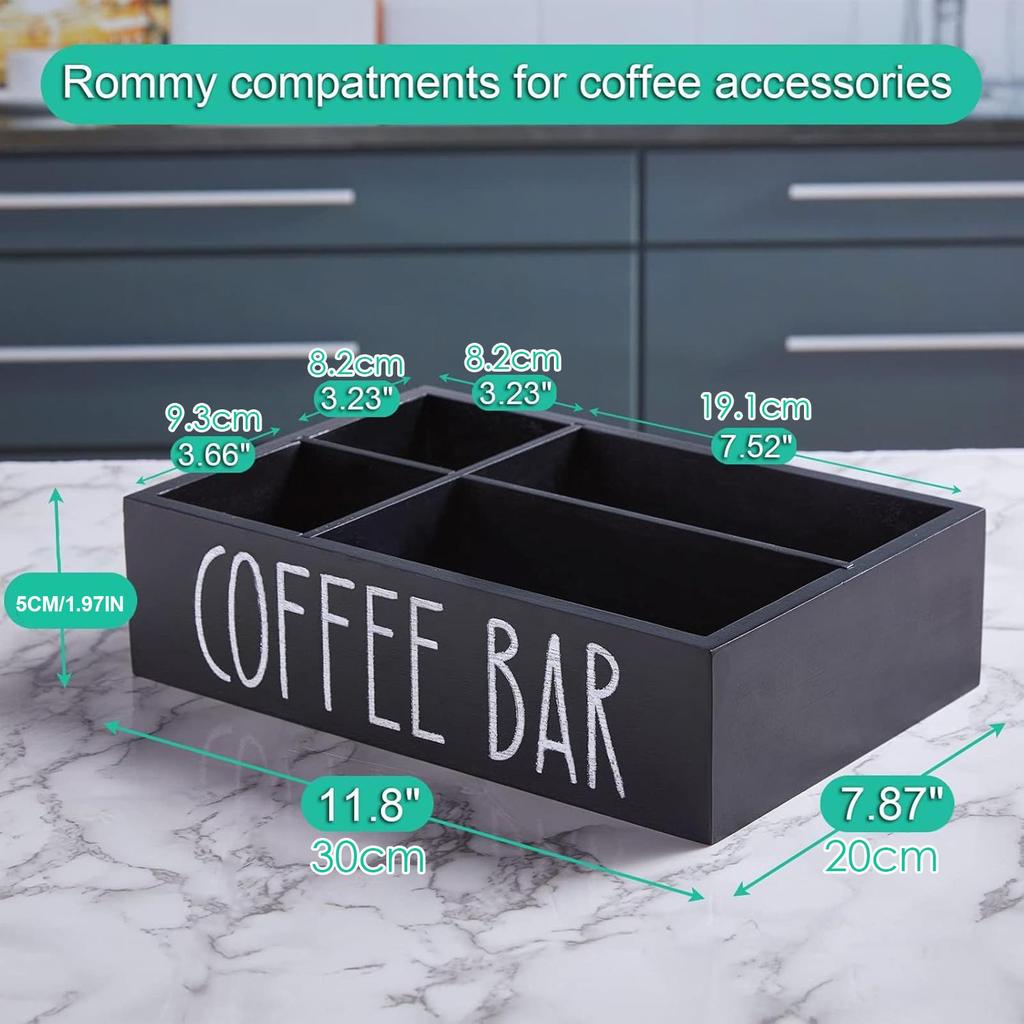 Wooden Coffee Bar Organizer 4-Grid Coffee Station Countertop Storage Box With Removable Dividers Kitchen Tea Cup Container
