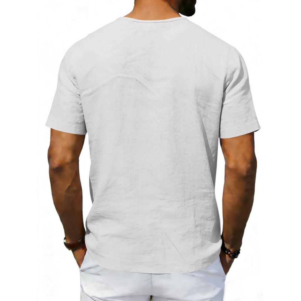 Men's New Beach Short-sleeve Casual Color Loose Deep V-neck Linen Top