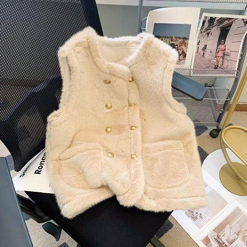 Gilet alla moda doppiopetto in visone sintetico da donna, cappotto gilet a vestibilità ampia
