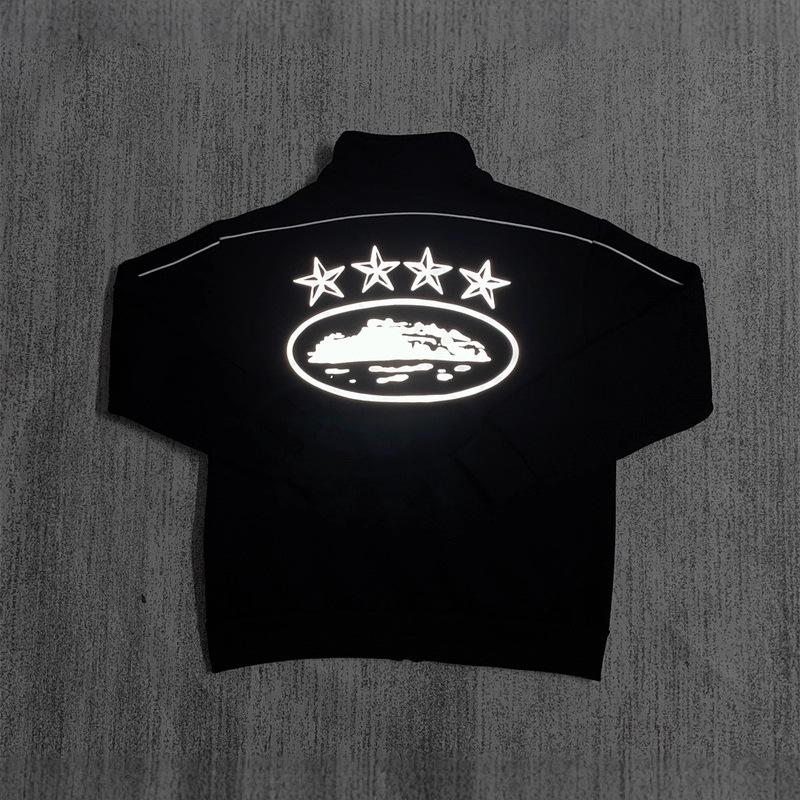 American Retro Reflective Corteiz Alcatraz Jacket with Stand Collar and Zippered Casual High Street Pants