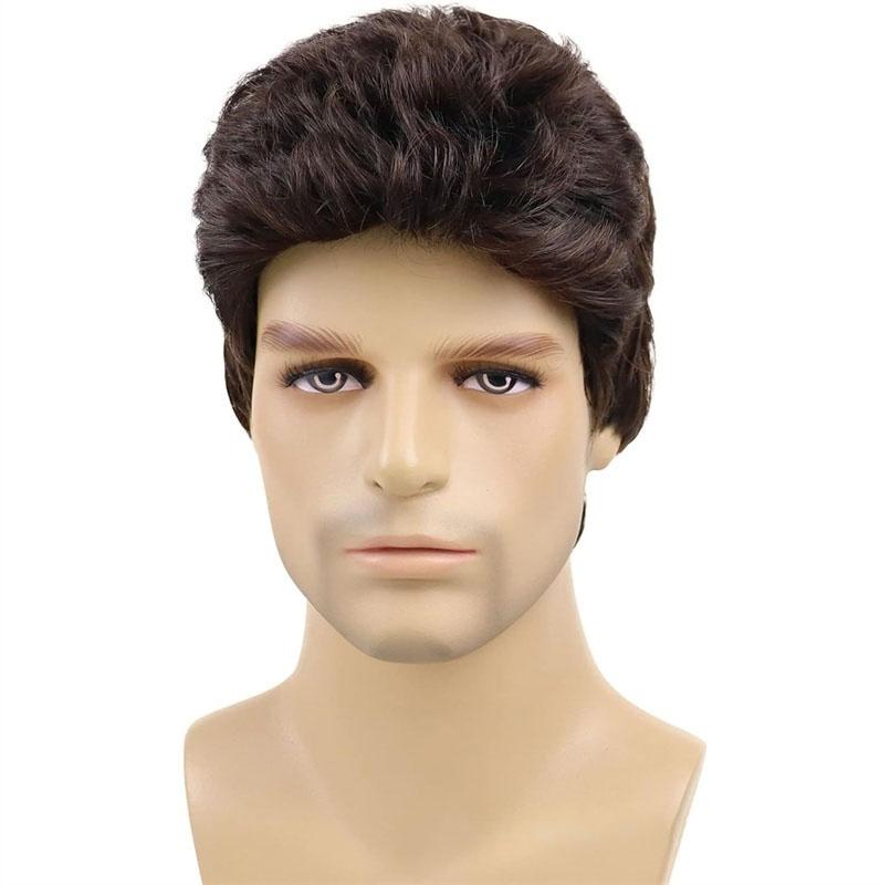 Synthetic Wigs for Men Short Brown Buddy Guys Short Dark Layered Hair Replacement Wigs Cosplay Halloween Costume Party