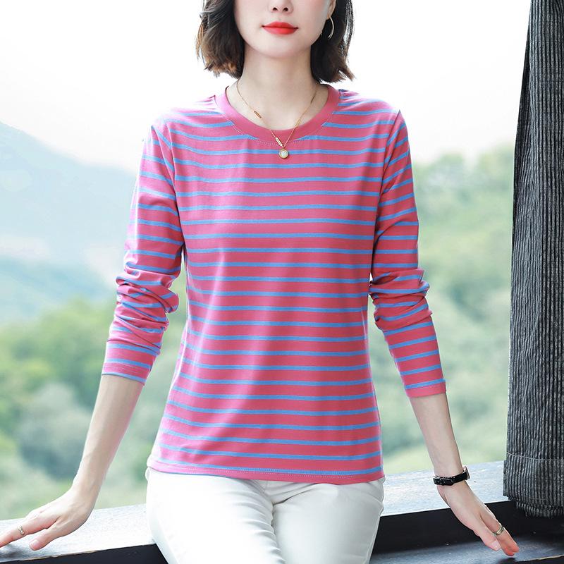 

Новая осенняя полосатая хлопковая футболка свободного кроя с длинным рукавом для женщин среднего возраста M (90-105 lbs)