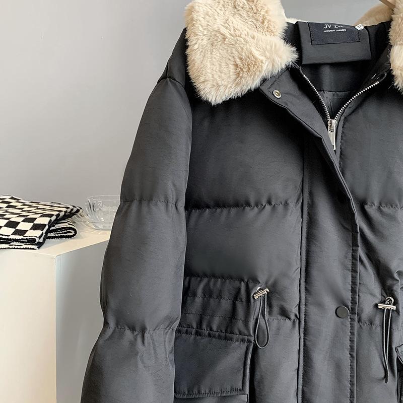 Women Autumn Winter Imitation Rabbit Hair Slim Cotton Coat Lapel Neck Solid Color Drawstring Padded Jacket